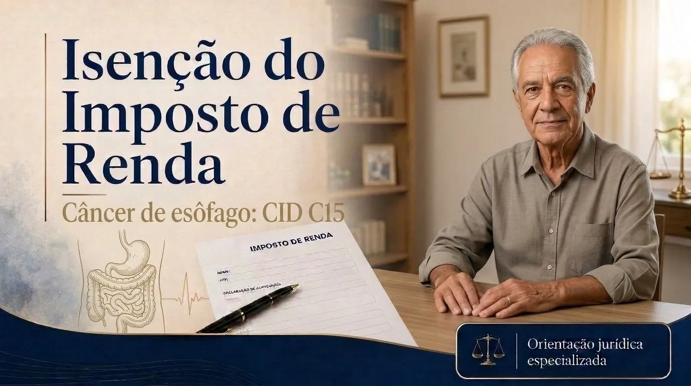 Capa do guia do CID C15: isenção do imposto de renda no câncer de esôfago, aposentado à mesa com a filha