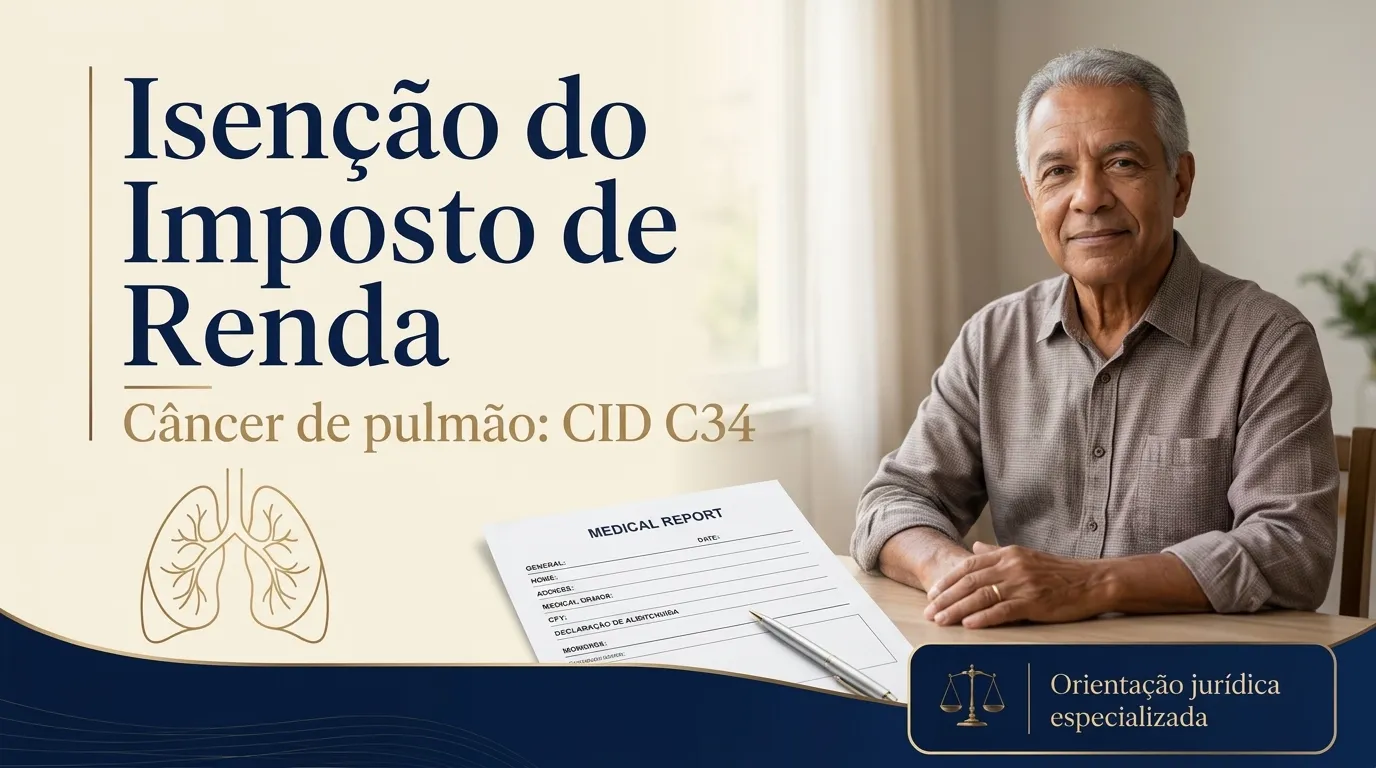 Capa do guia do CID C34: isenção do imposto de renda no câncer de pulmão, aposentado ao lado do filho