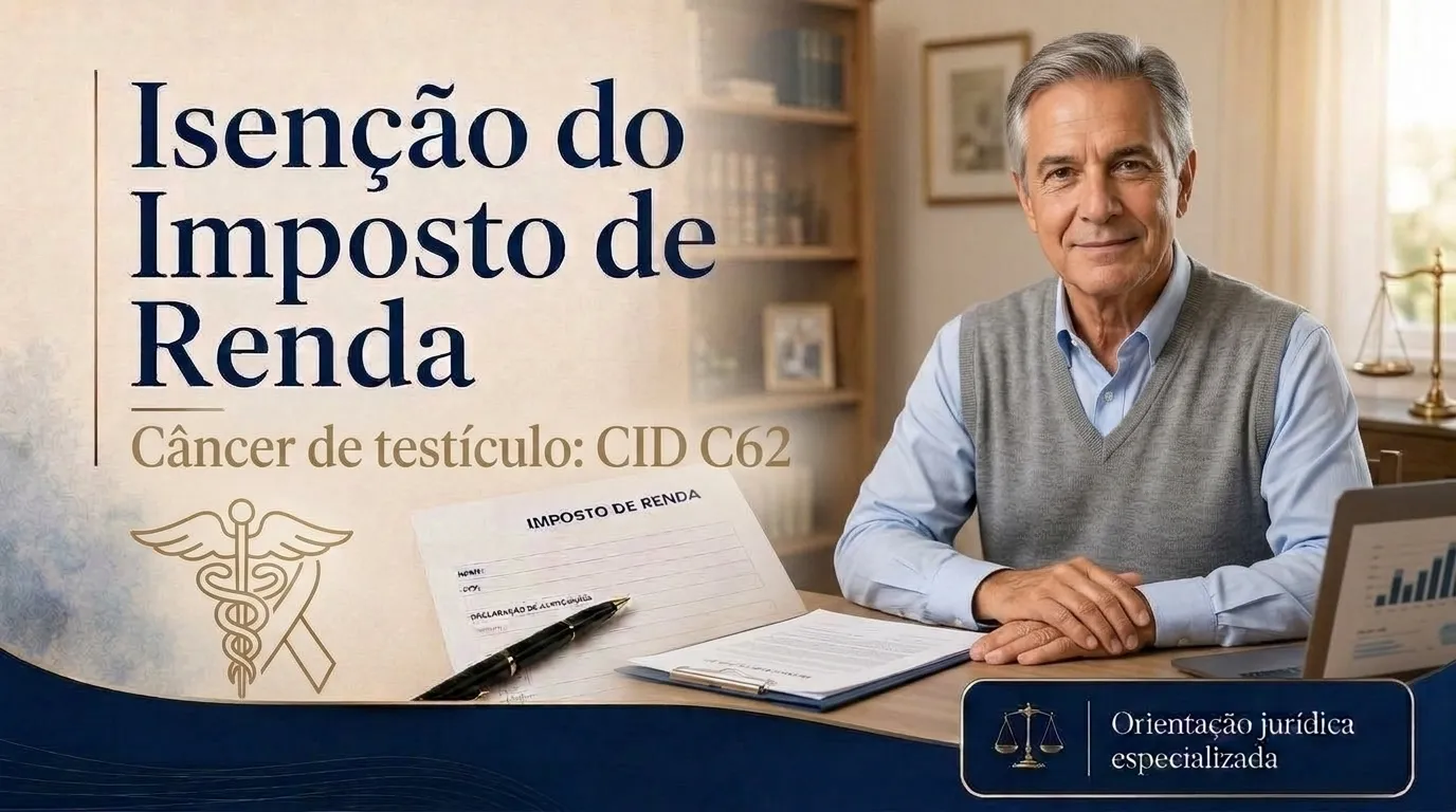 Capa do guia do CID C62: isenção do imposto de renda no câncer de testículo, aposentado conversando com o filho
