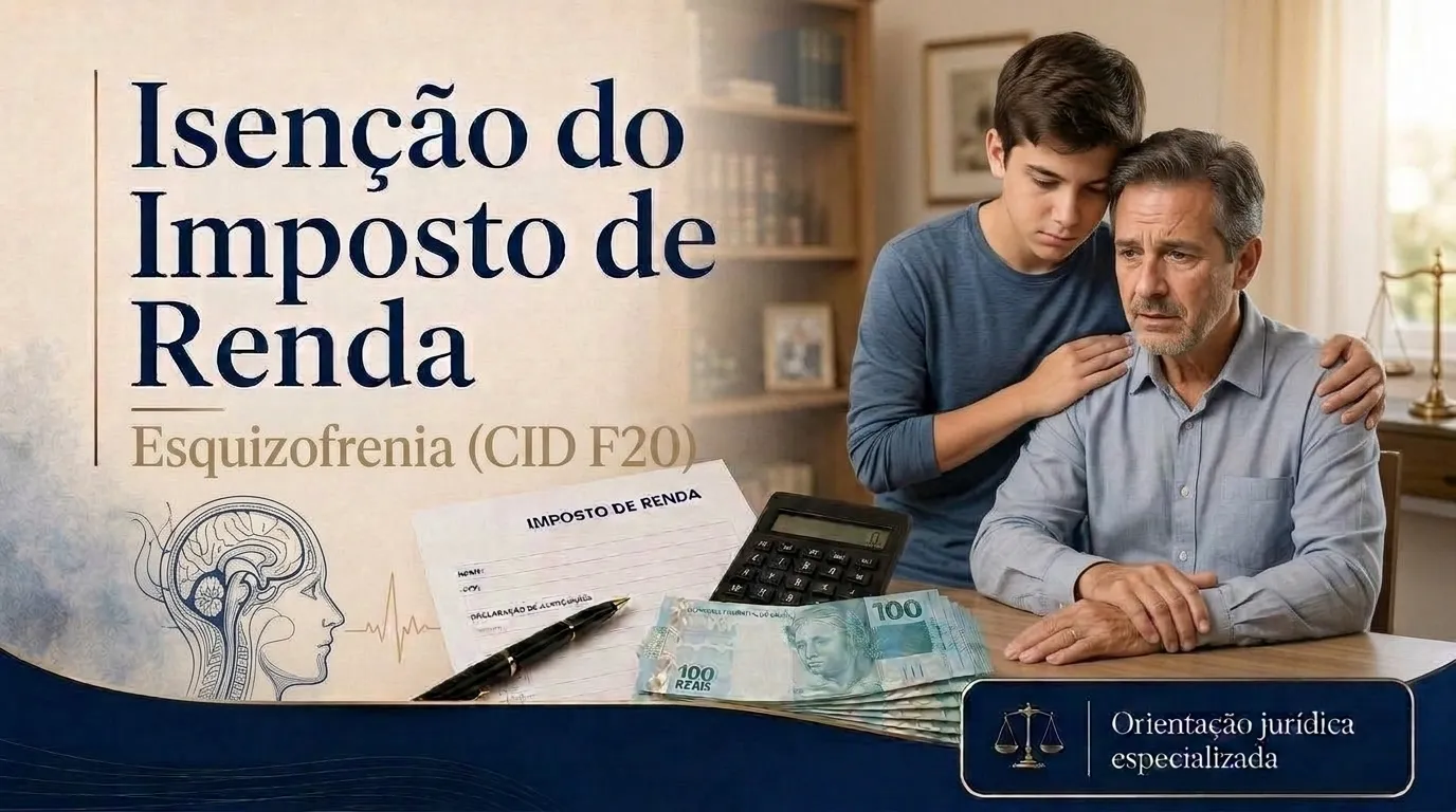 Capa do guia do CID F20: isenção do imposto de renda na esquizofrenia, com familiar apoiando o paciente