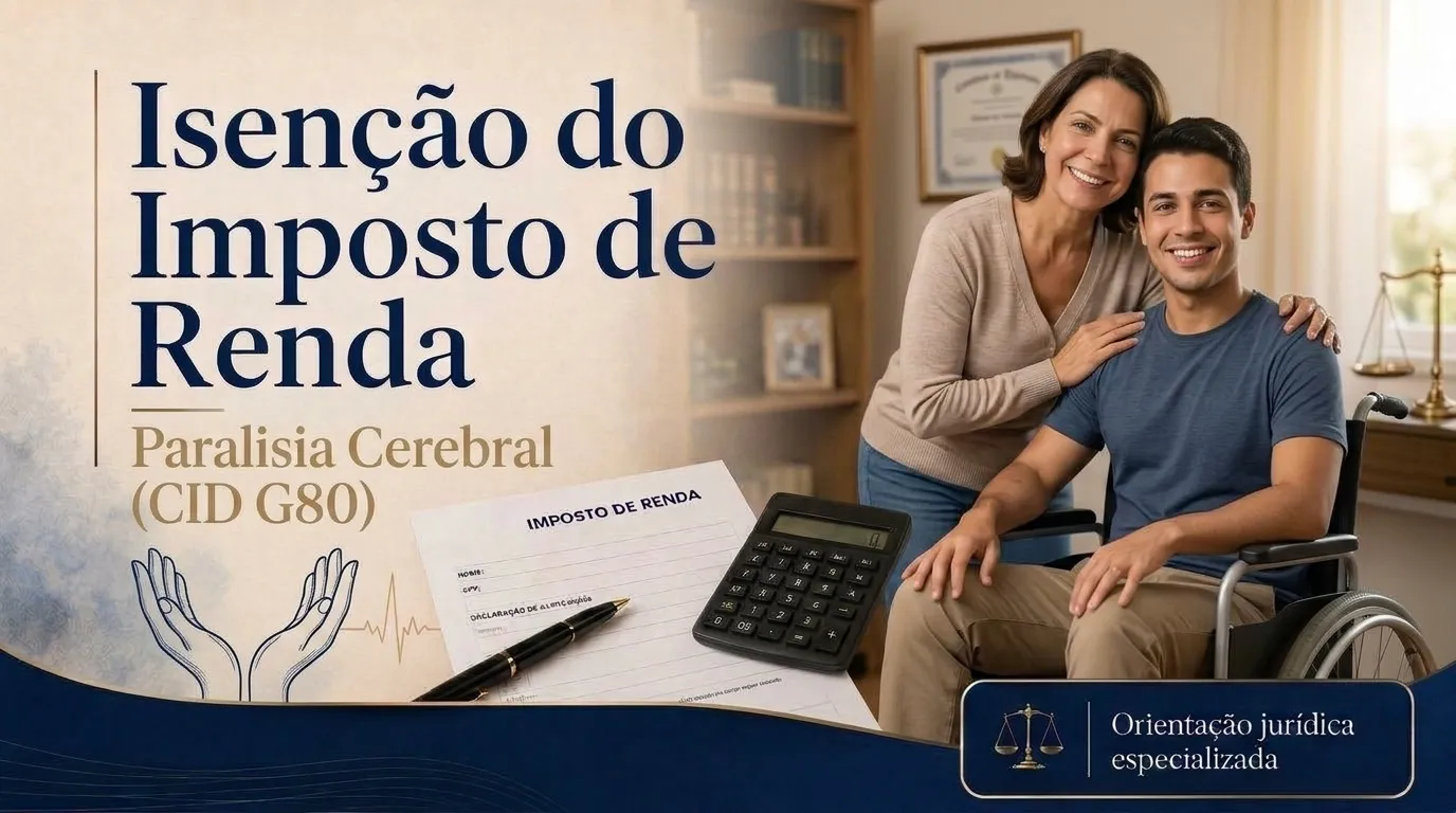 Capa do guia do CID G80: isenção do imposto de renda na paralisia cerebral, jovem em cadeira de rodas com a mãe