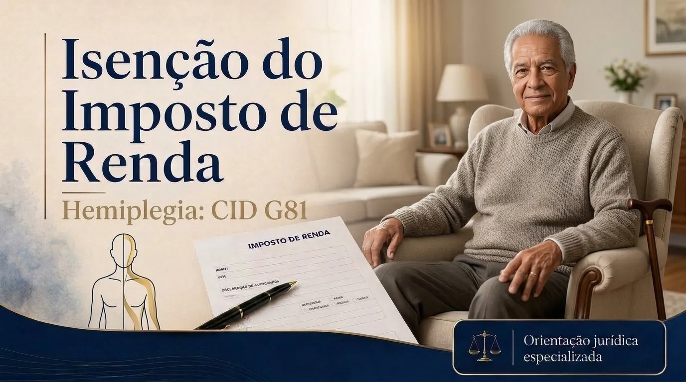 Capa do guia do CID G81: isenção do imposto de renda na hemiplegia, aposentado apoiado em bengala com o braço direito imóvel