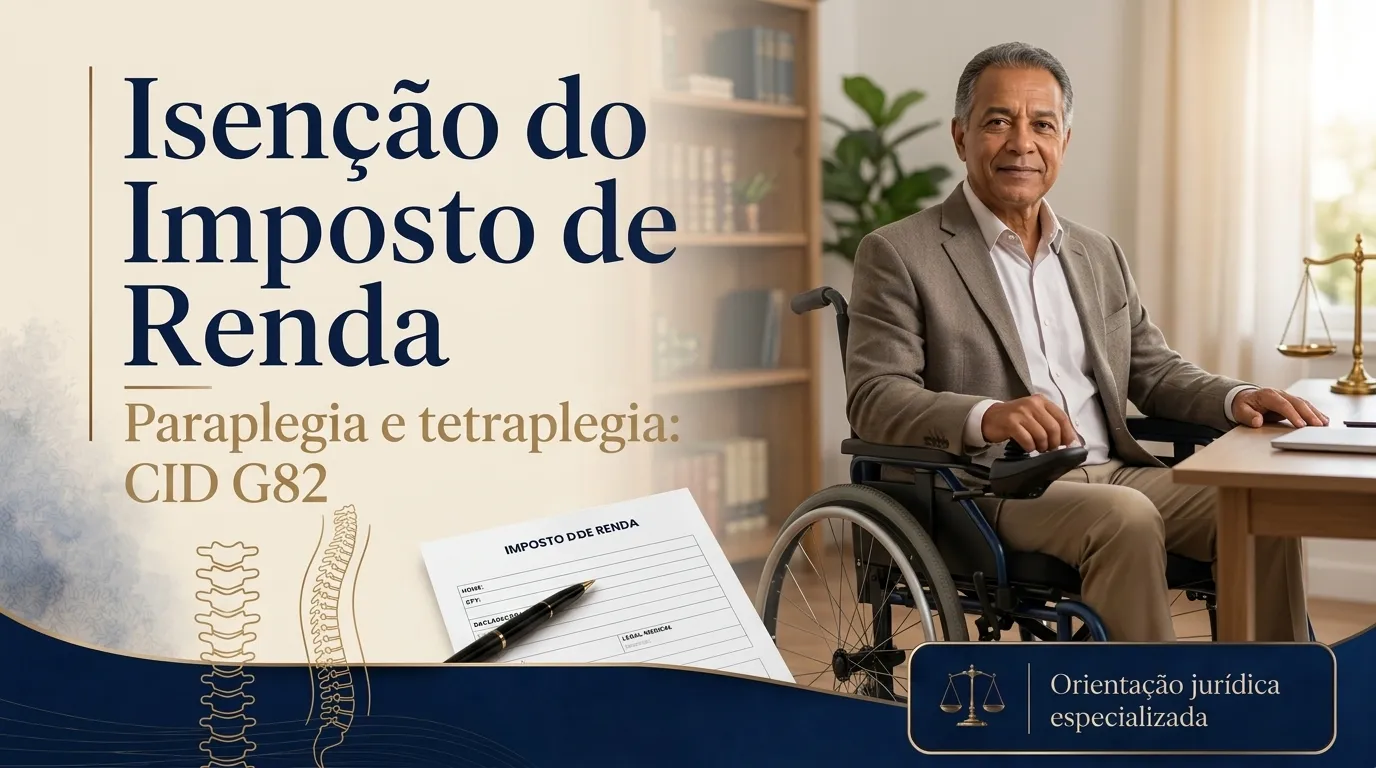 Capa do guia do CID G82: isenção do imposto de renda na paraplegia e na tetraplegia, homem em cadeira de rodas em casa