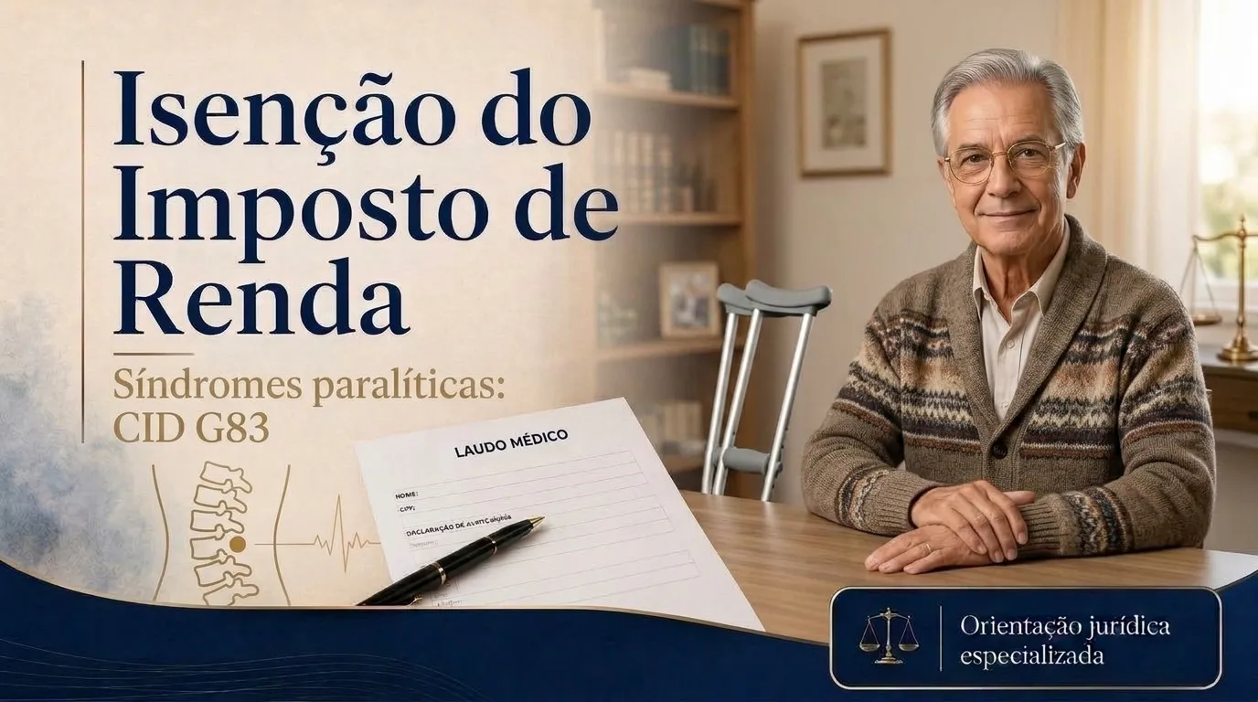Capa do guia do CID G83: isenção do imposto de renda nas outras síndromes paralíticas, aposentado com uma perna imóvel apoiado em andador ao lado do filho