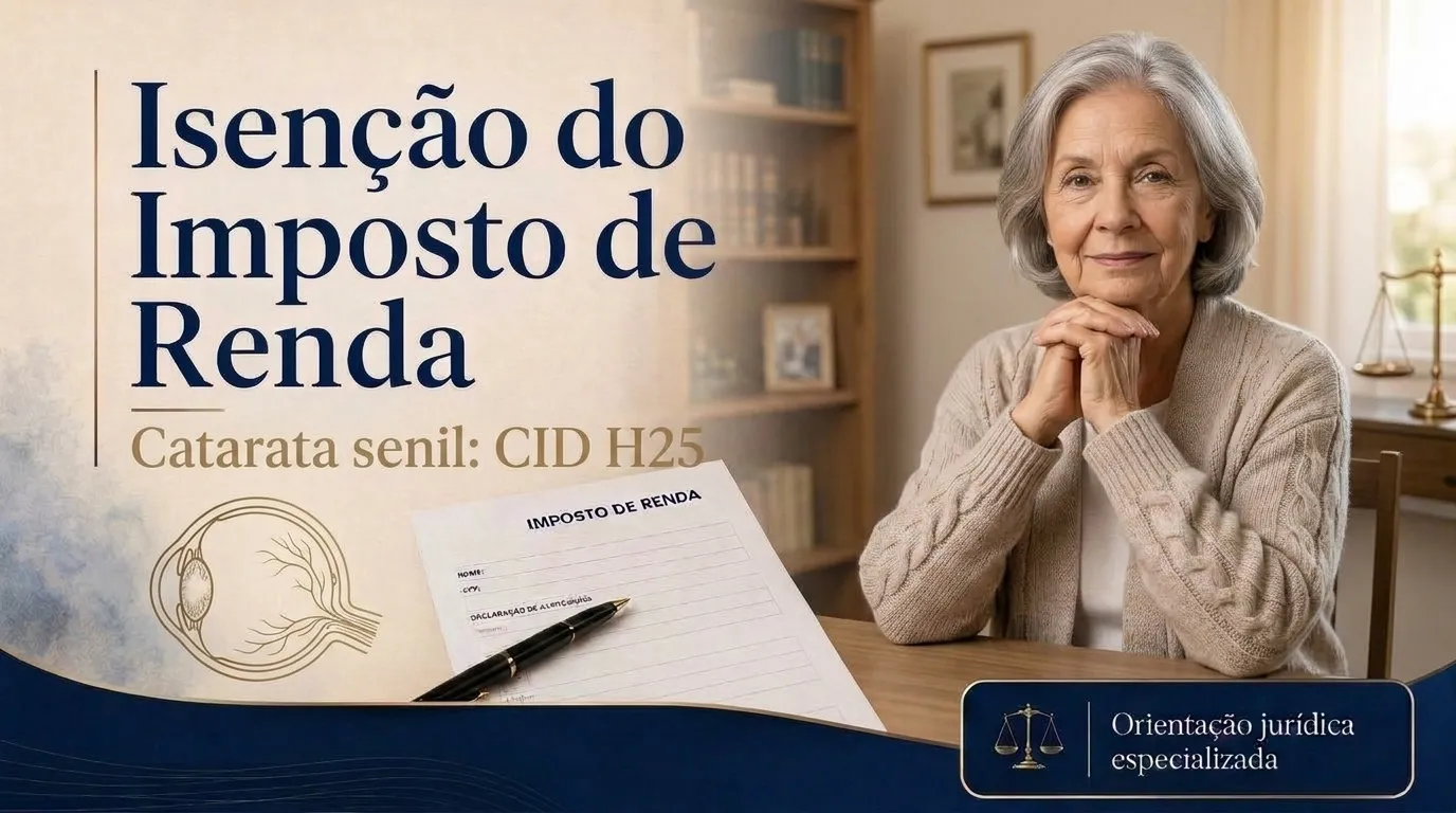 Capa do guia do CID H25: isenção do imposto de renda na catarata senil, idoso examinando os olhos com o oftalmologista