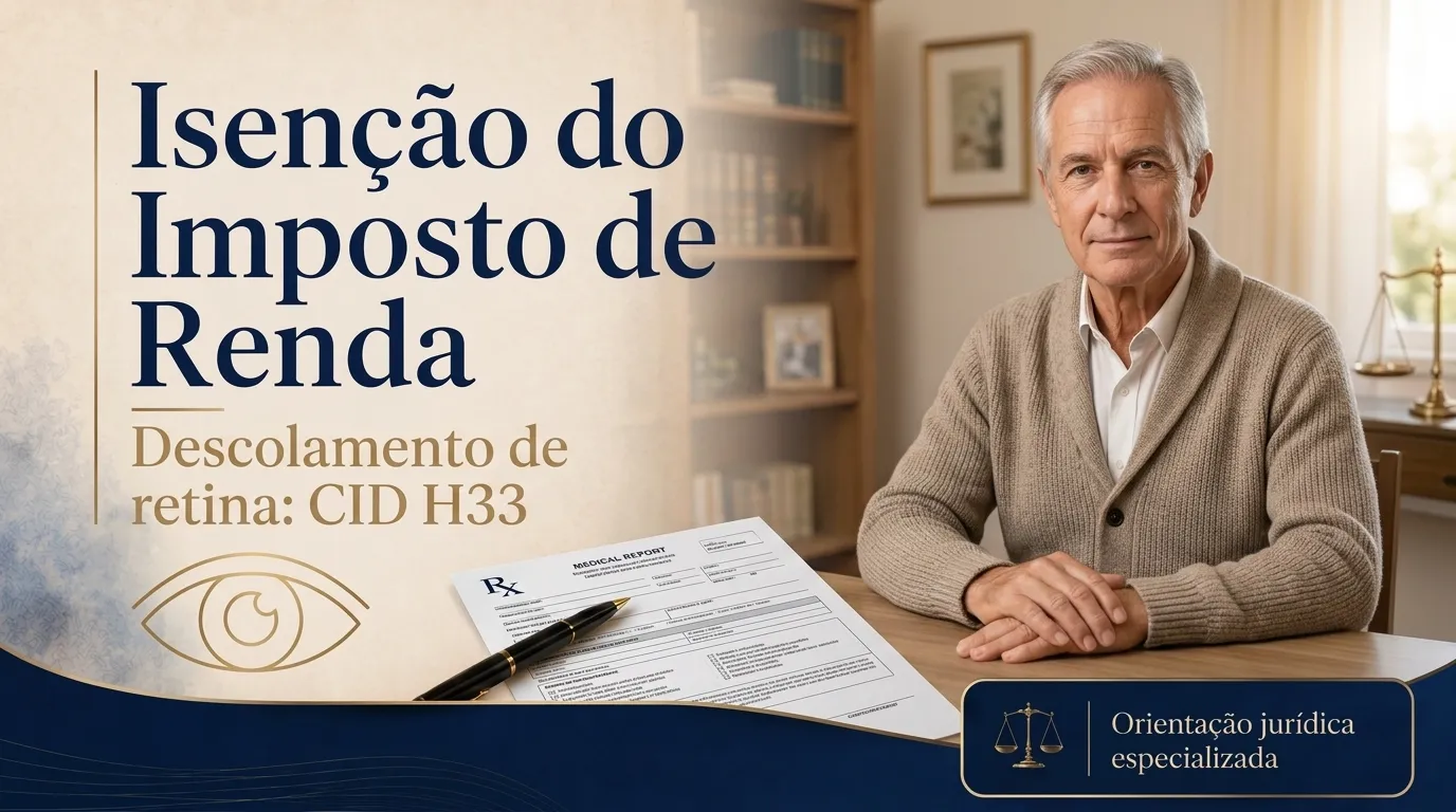 Aposentado com a visão de um olho comprometida por descolamento de retina, ilustrando o CID H33 e a isenção do imposto de renda