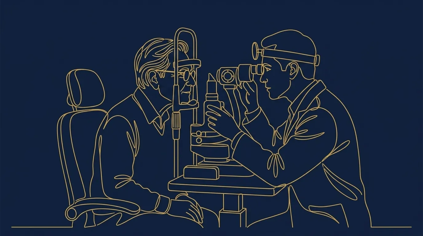 Aposentado diabético com a visão comprometida diante do oftalmologista, com o exame de fundo de olho da retina na tela, ilustrando o CID H36