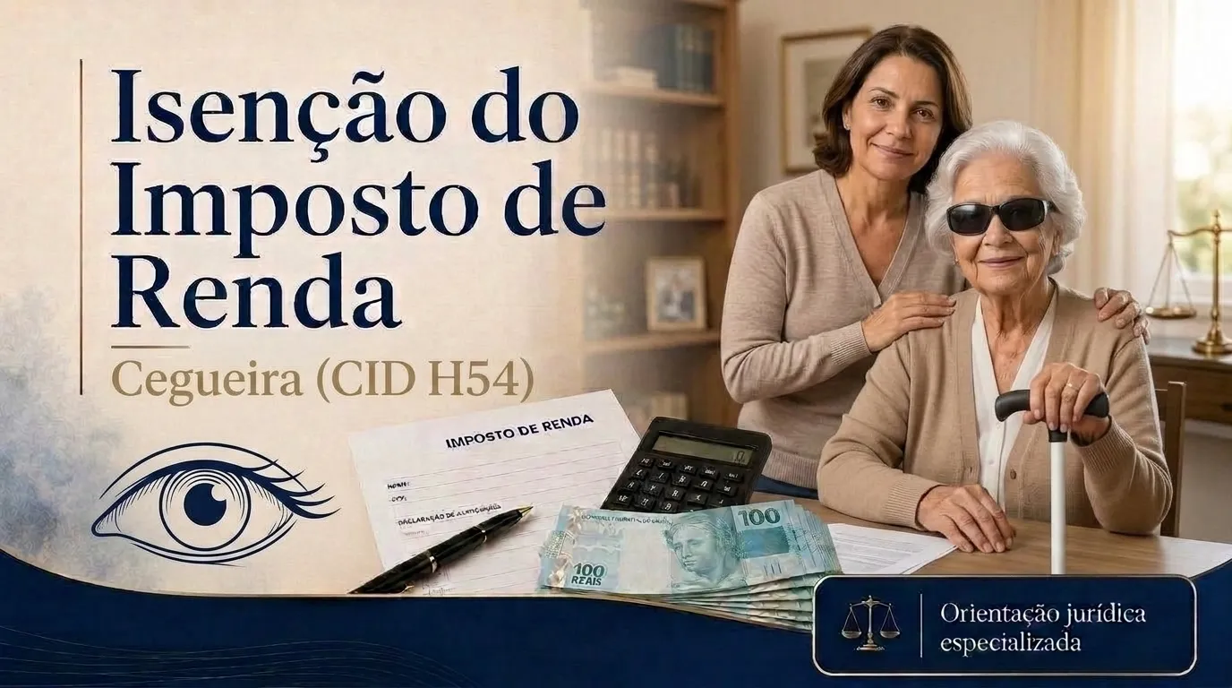 Capa do guia do CID H54: isenção do imposto de renda na cegueira, idosa com bengala ao lado do filho