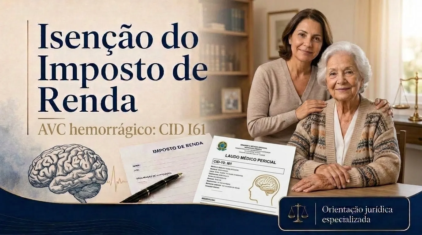 Capa do guia do CID I61: isenção do imposto de renda no AVC hemorrágico, idoso em reabilitação apoiado pela filha