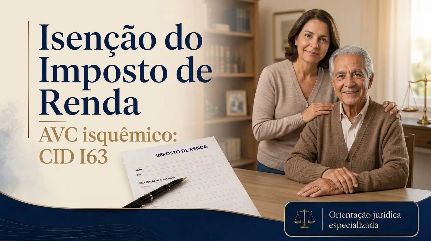 Capa do guia do CID I63: isenção do imposto de renda no AVC isquêmico, aposentado em reabilitação apoiado em bengala ao lado da filha