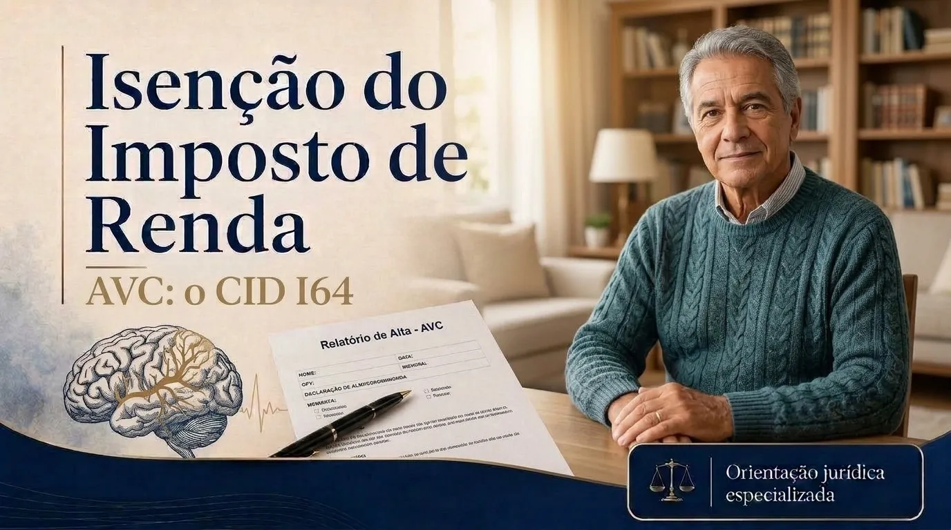 Capa do guia do CID I64: isenção do imposto de renda no AVC sem tipo especificado, aposentado apoiado em bengala ao lado da filha