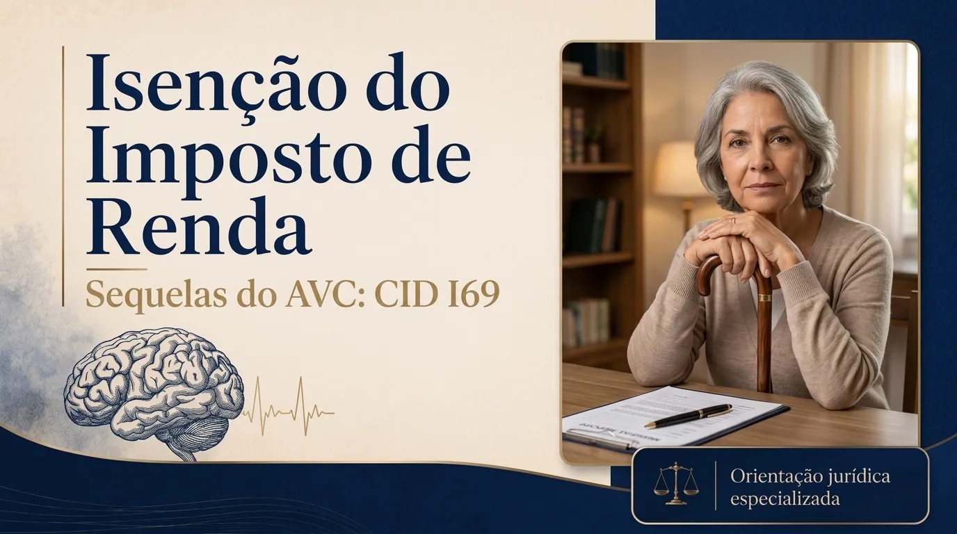 Capa do guia do CID I69: isenção do imposto de renda nas sequelas de doenças cerebrovasculares, senhor idoso apoiado em bengala ao lado da filha