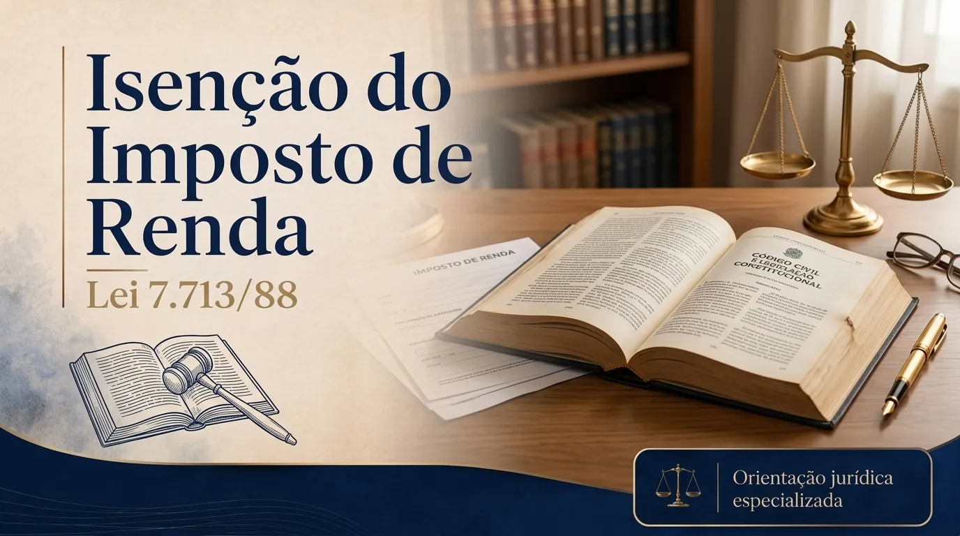 Capa do guia da Lei 7.713/88: livro de leis aberto com balança da justiça, isenção do imposto de renda